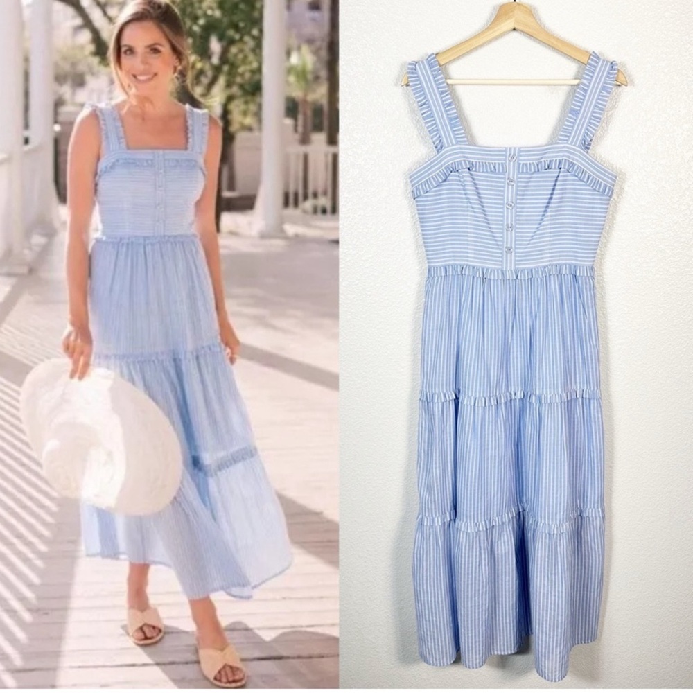 Gal meets glam maxi dress. Blue and white summer motif with ruffle details